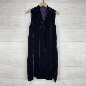 Lafayette 148 Ronan Sleeveless Tie-Neck Velvet Dress Medium Navy Blue V‎ Neck